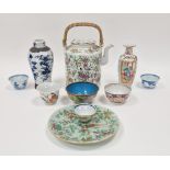 Canton famille rose cylindrical tea kettle and cover, an oviform vase, a pair of Kangxi blue and