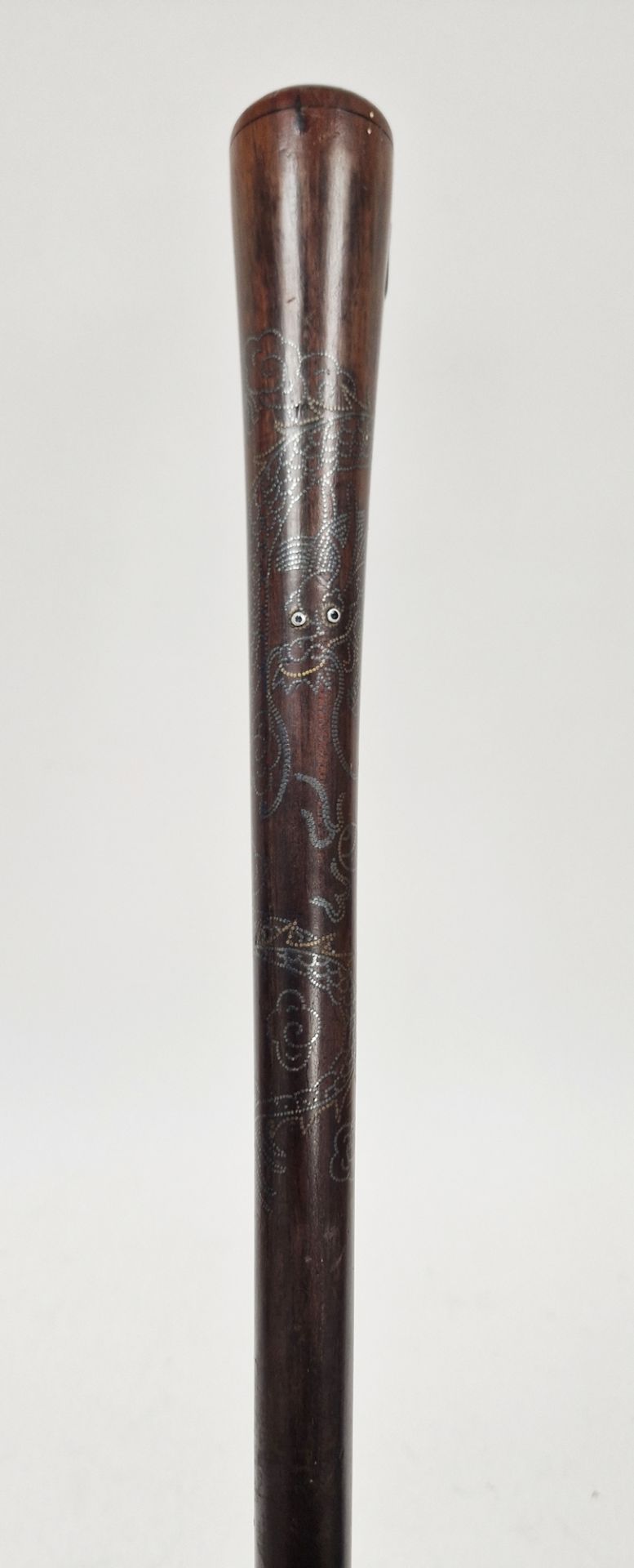 Chinese hardwood metal inlaid walking cane, early 20th century, inset with a dragon chasing - Image 2 of 2