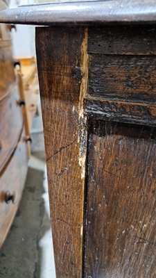 18th century oak dole cupboard, the two cupboard doors with turned spindle sections, carved and - Image 20 of 25