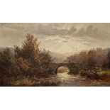 John Barrett (1822-1893) Oil on canvas Figures on a bridge in river landscape, inscribed verso ....