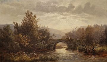 John Barrett (1822-1893) Oil on canvas Figures on a bridge in river landscape, inscribed verso ....