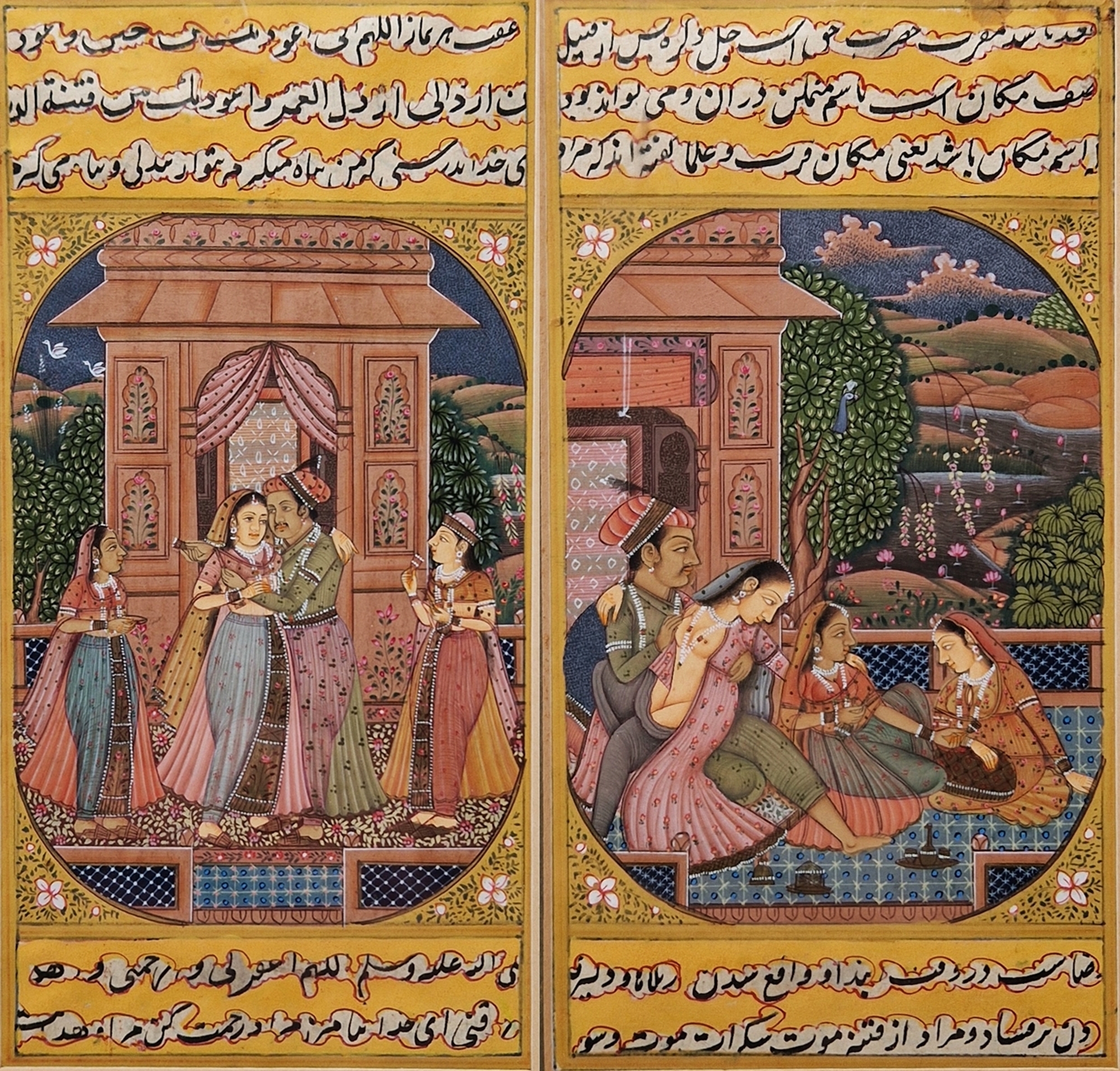 Two 20th century Indian miniatures Gouache on paper Painted in the Mughal style, one with an