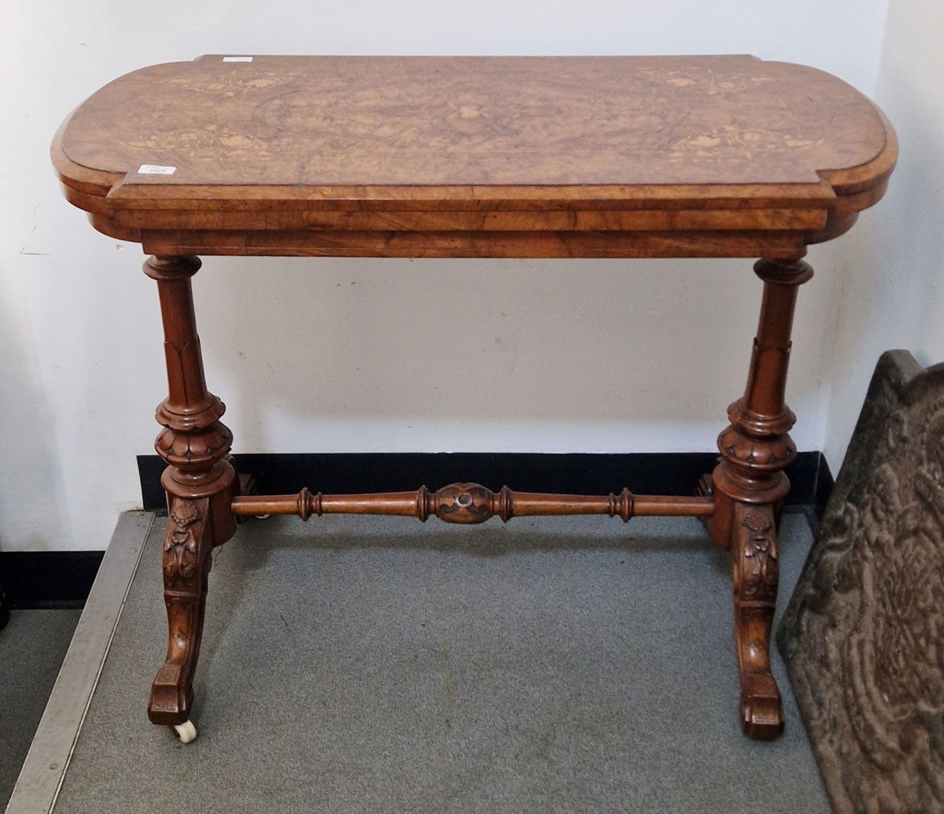 Late 19th century burr walnut hall table with inlaid marquetry scrolling foliate motifs, on carved - Image 3 of 4