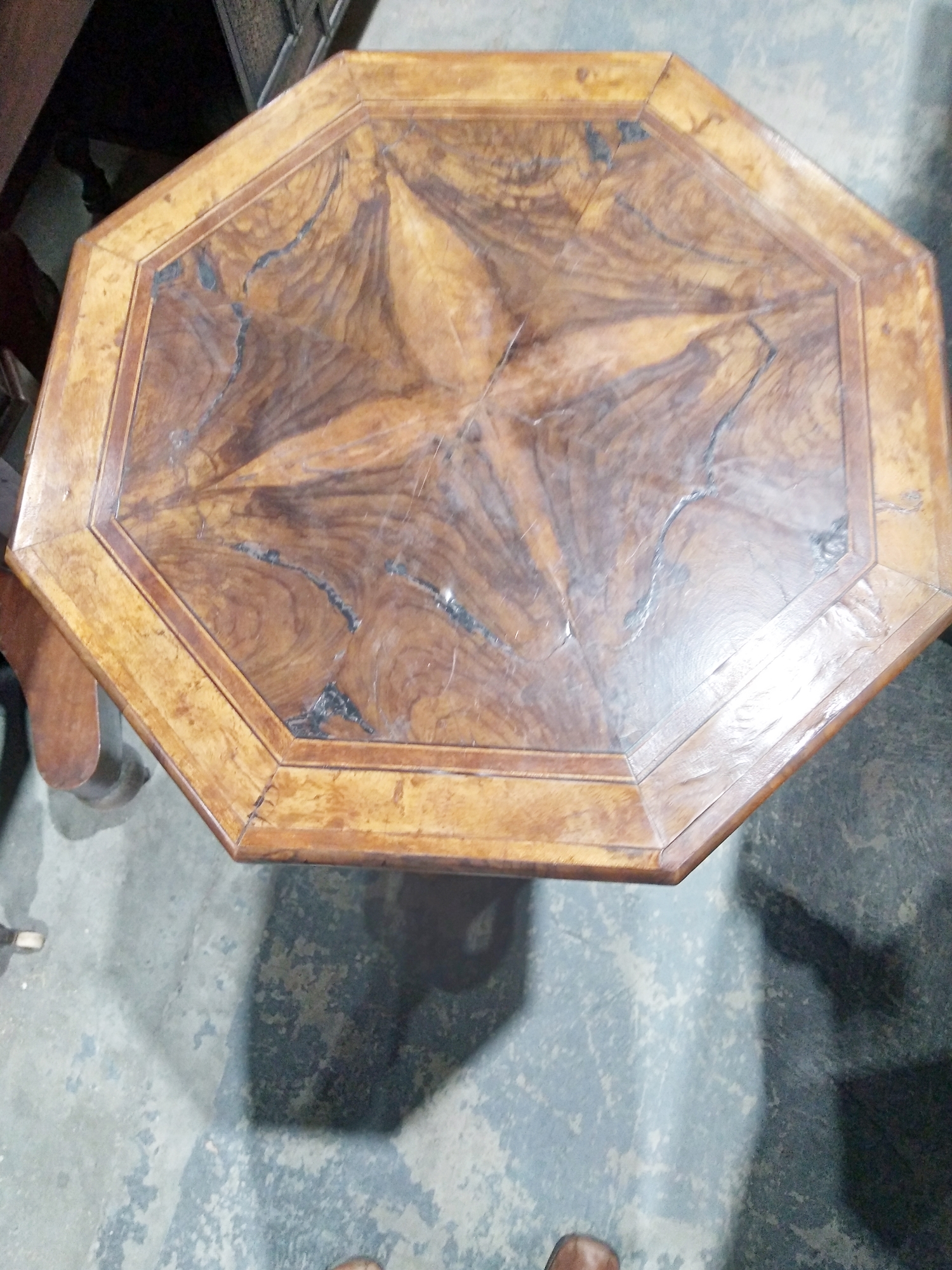 Possibly olivewood tripod occasional table with octagonal top, quarter veneered, mahogany cross- - Image 6 of 8