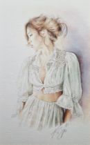 Kay Boyce (XX-XXI) Watercolour drawing Half-length portrait of a girl in lace dress, signed in
