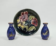 Moorcroft Hibiscus green ground circular dish, mid 20th century, impressed painted marks with