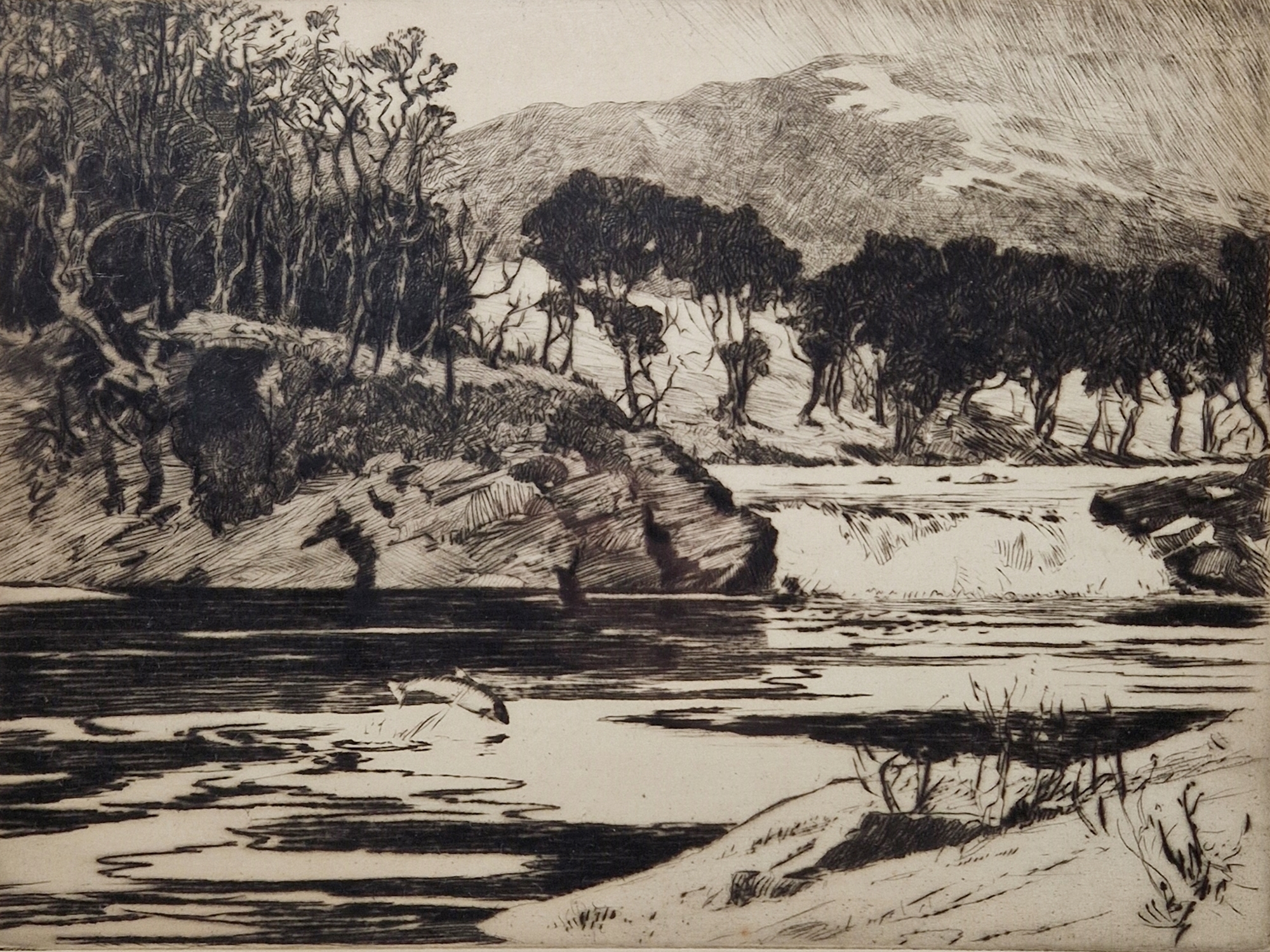 Norman Wilkinson (British, 1878-1971) Drypoint etching Fly fisher netting a trout, signed in - Image 2 of 10