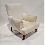 Late 19th century armchair with white upholstery, on turned front legs and castors, 90cm high