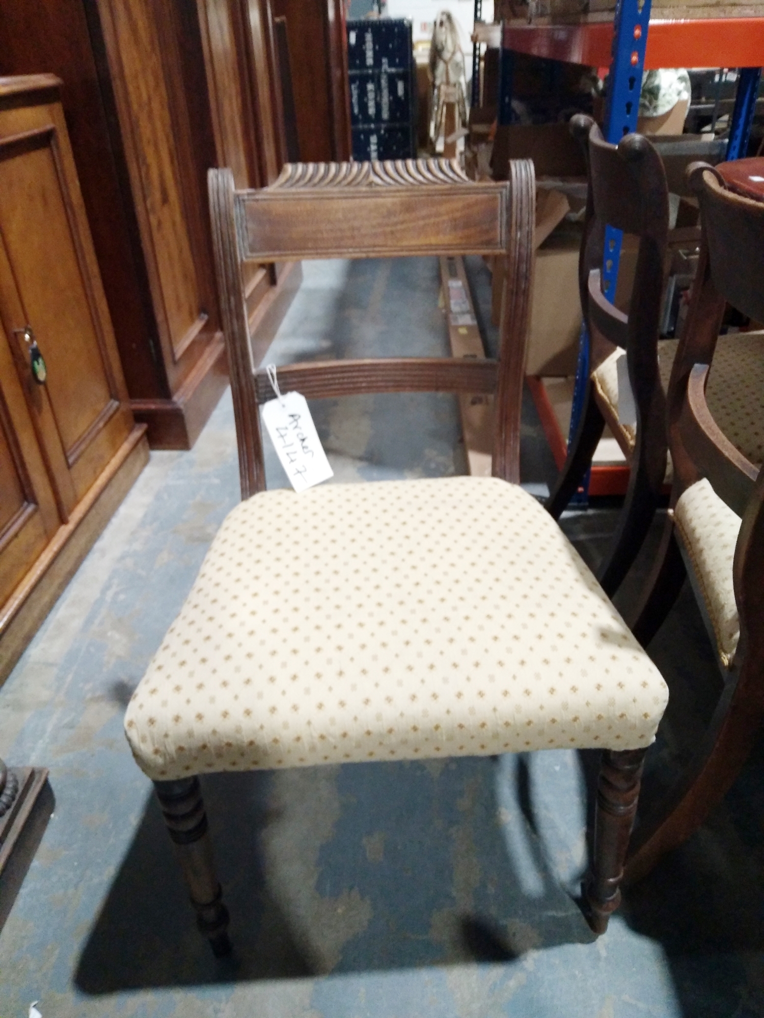 Set of three Regency mahogany brass inlaid dining chairs, each with reeded supports with stuffover - Image 12 of 14