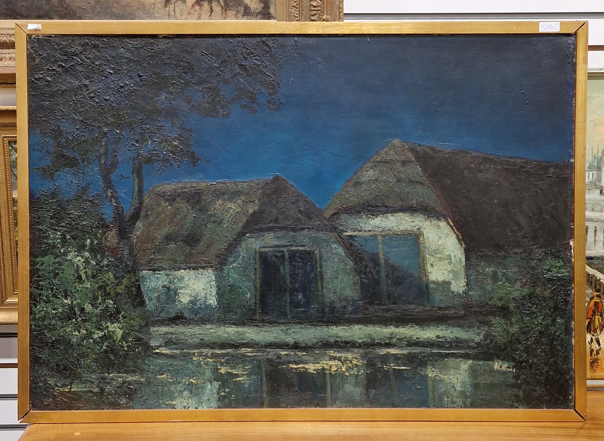 Alli Wintry/Utintry? (20th century) Oil on board Moonlit scene of two thatched barns beside a - Image 2 of 6