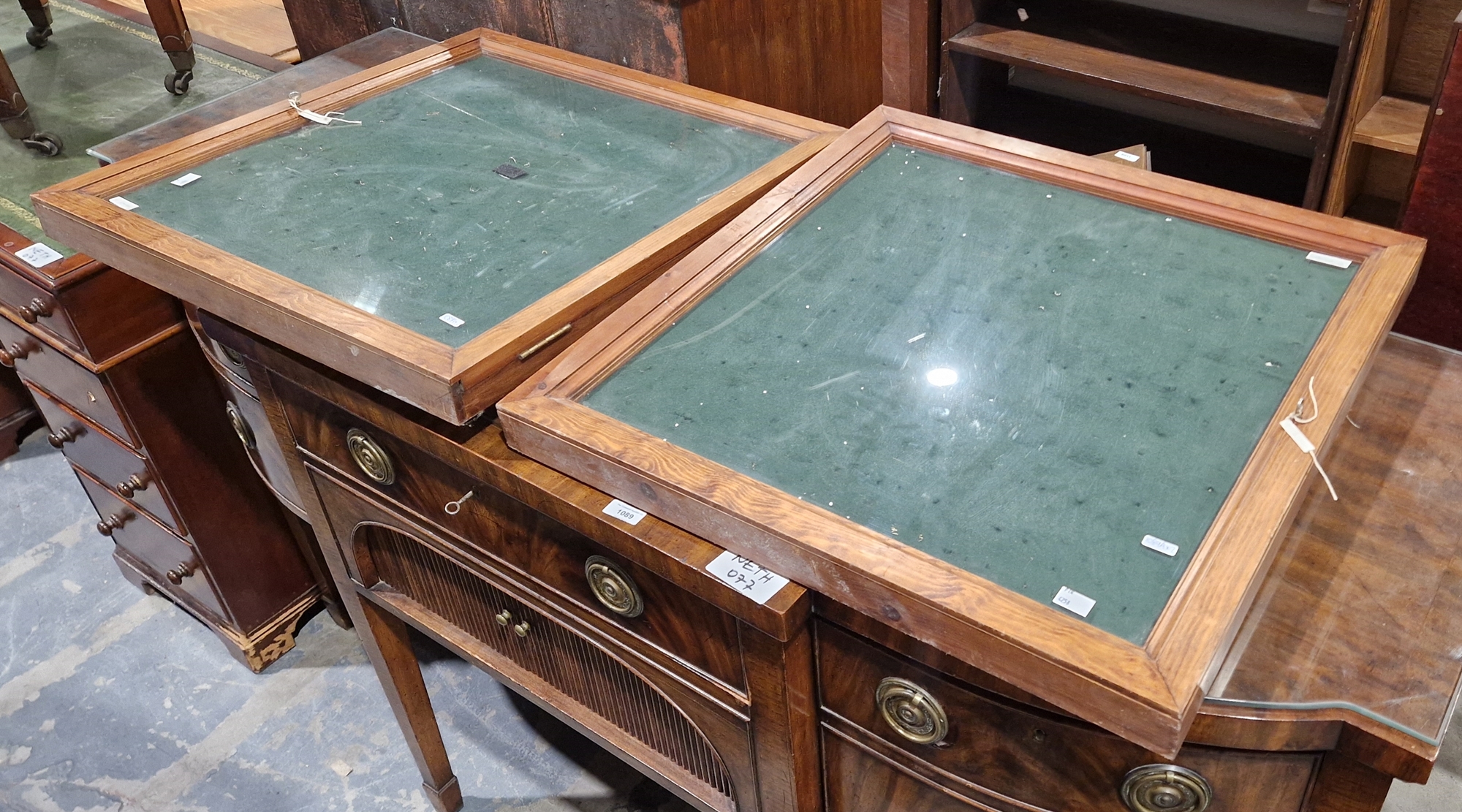 Two 20th century stained pine wall hanging glazed collector's cabinets, each with hinged door and - Image 2 of 2