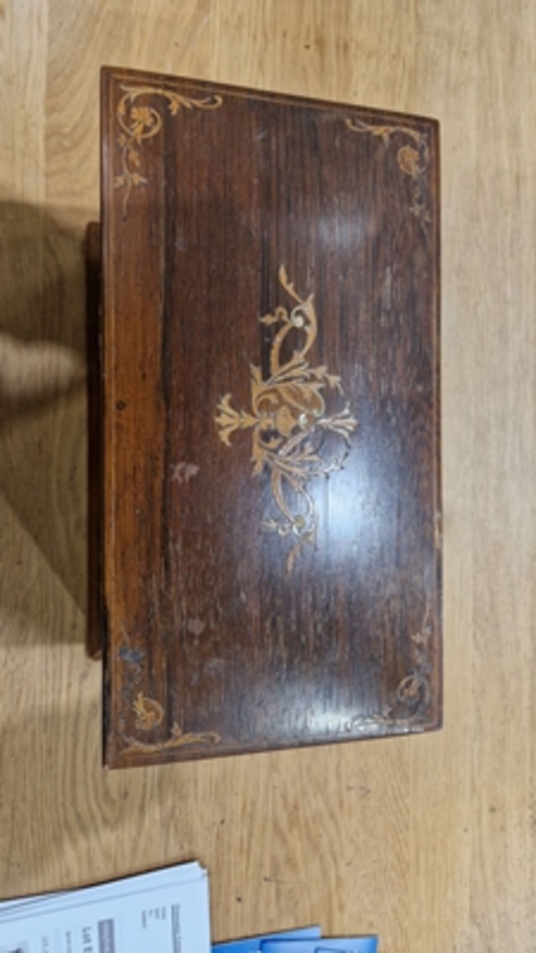 Edwardian marquetry inlaid fall-front stationery casket, the front with leather lined fold-out - Image 7 of 54