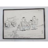 Nicholas Garland (1935), pen, ink and crayon on paper, 'First Let's Finish Our Game of Boules',