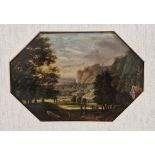 19th century English school  Oil on panel Figures in riverside landscape, 18.5cm x 27.5cm (