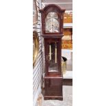 Mahogany-cased reproduction granddaughter clock with Tempus Fugit in the arch, two cylindrical