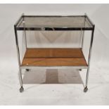 Mid century chrome and mahogany drinks trolley with glass top, on castors, 66cm high x 64cm wide x