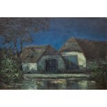 Alli Wintry/Utintry? (20th century) Oil on board Moonlit scene of two thatched barns beside a