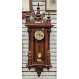 Late 19th century Vienna regulator-style mahogany cased wall clock with three finials to the