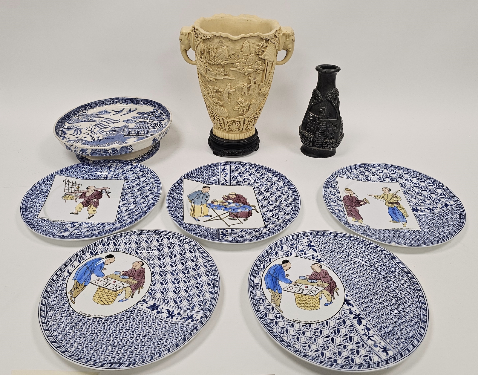 Five Brown, Westhead and Moore late 19th century aesthetic movement pottery plates, each printed