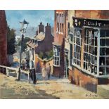 Stanley Orchart (1920-2005) Oil on board "Street in Lincoln", street view with figures, signed lower