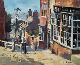 Stanley Orchart (1920-2005) Oil on board "Street in Lincoln", street view with figures, signed lower