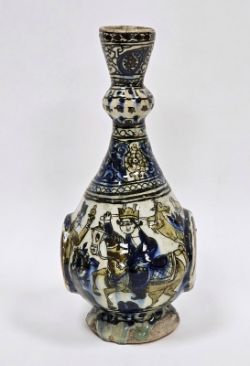 19th century Persian bottle-shaped vase with flared bulbous neck, painted with equestrian figures,