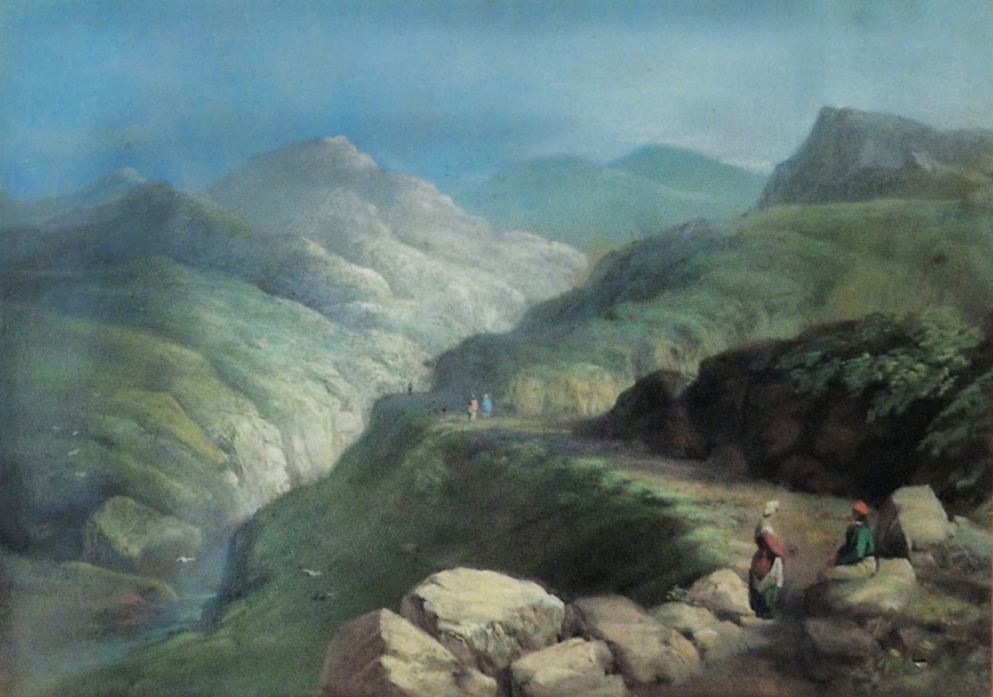 19th century continental school Pastel on paper Mountain scape with figures on a path,