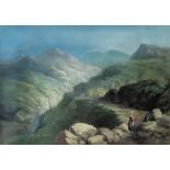 19th century continental school Pastel on paper Mountain scape with figures on a path,
