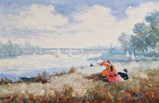 Henri Dupre (act.1920-1930) Oil on board French river scene with figures sitting on bank, bridge
