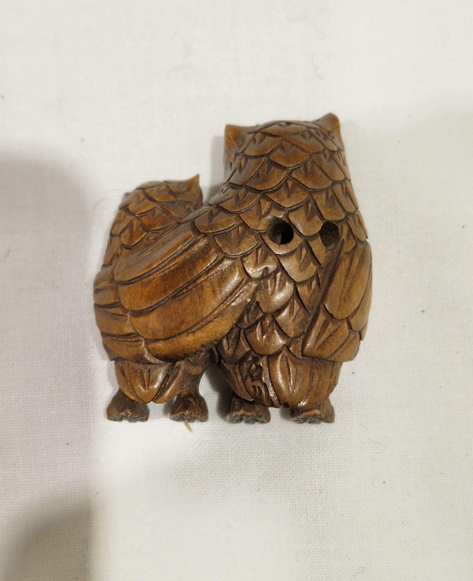 Japanese carved wood model inro of two owls pierced side by side, the larger with pierced - Image 2 of 6