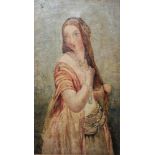 19th century school Oil on canvas Three-quarter length portrait of a girl wearing beaded cap,