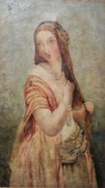 19th century school Oil on canvas Three-quarter length portrait of a girl wearing beaded cap,