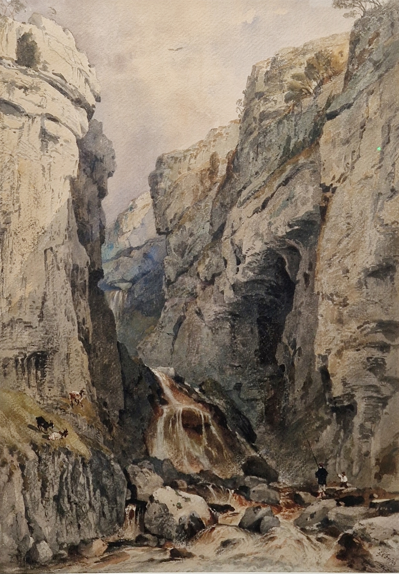 George Arthur Fripp RWS (1813-1896) Watercolour Men fishing in a rocky gorge with mountain goats