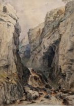 George Arthur Fripp RWS (1813-1896) Watercolour Men fishing in a rocky gorge with mountain goats