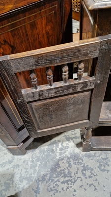 18th century oak dole cupboard, the two cupboard doors with turned spindle sections, carved and - Image 18 of 25