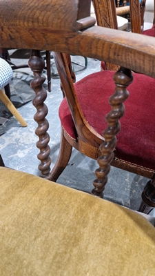 Late 19th/early 20th century oak corner chair with carved spiral supports and X-frame stretcher, - Image 28 of 44