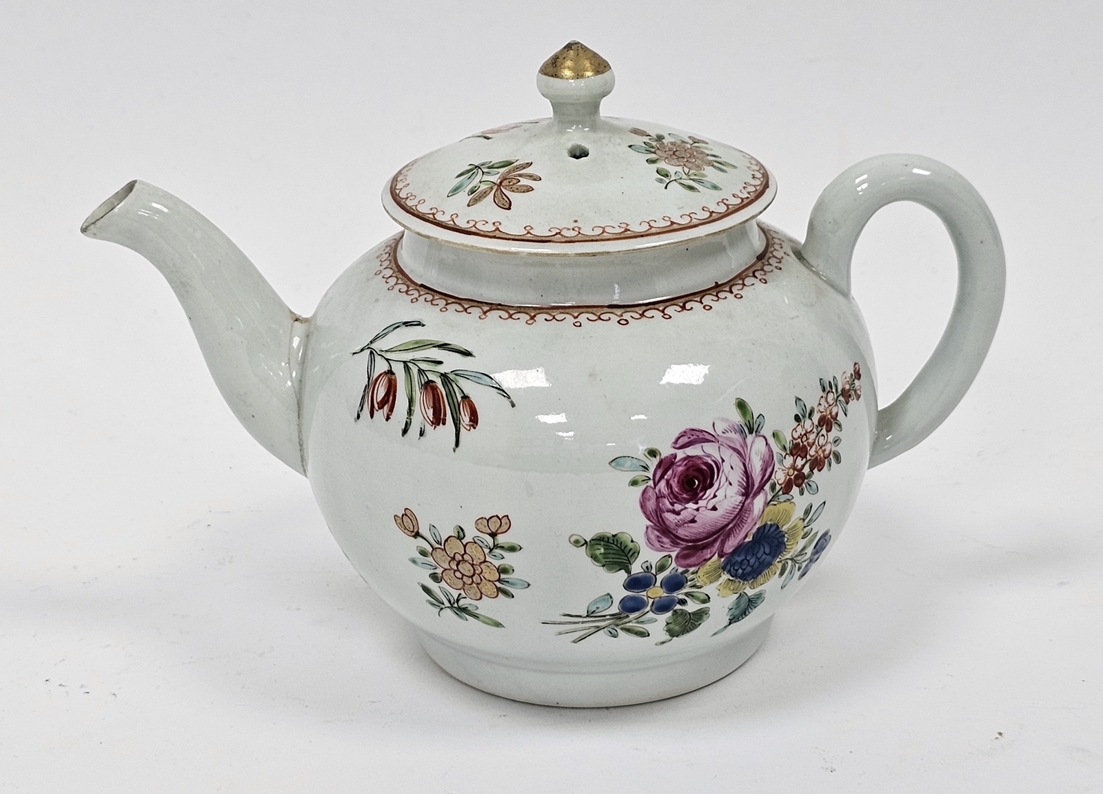 Worcester famille rose pattern teapot and cover, circa 1770, painted with loose bouquets of - Image 4 of 6