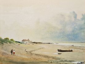 Rodney Russell (1918-1995) Watercolour Coastal scene with figures on a beach, signed lower right,