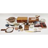 Collection of wooden boxes including a straw work box, a book-shaped paperweight, various stone