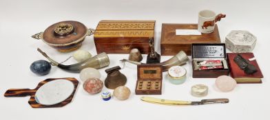 Collection of wooden boxes including a straw work box, a book-shaped paperweight, various stone