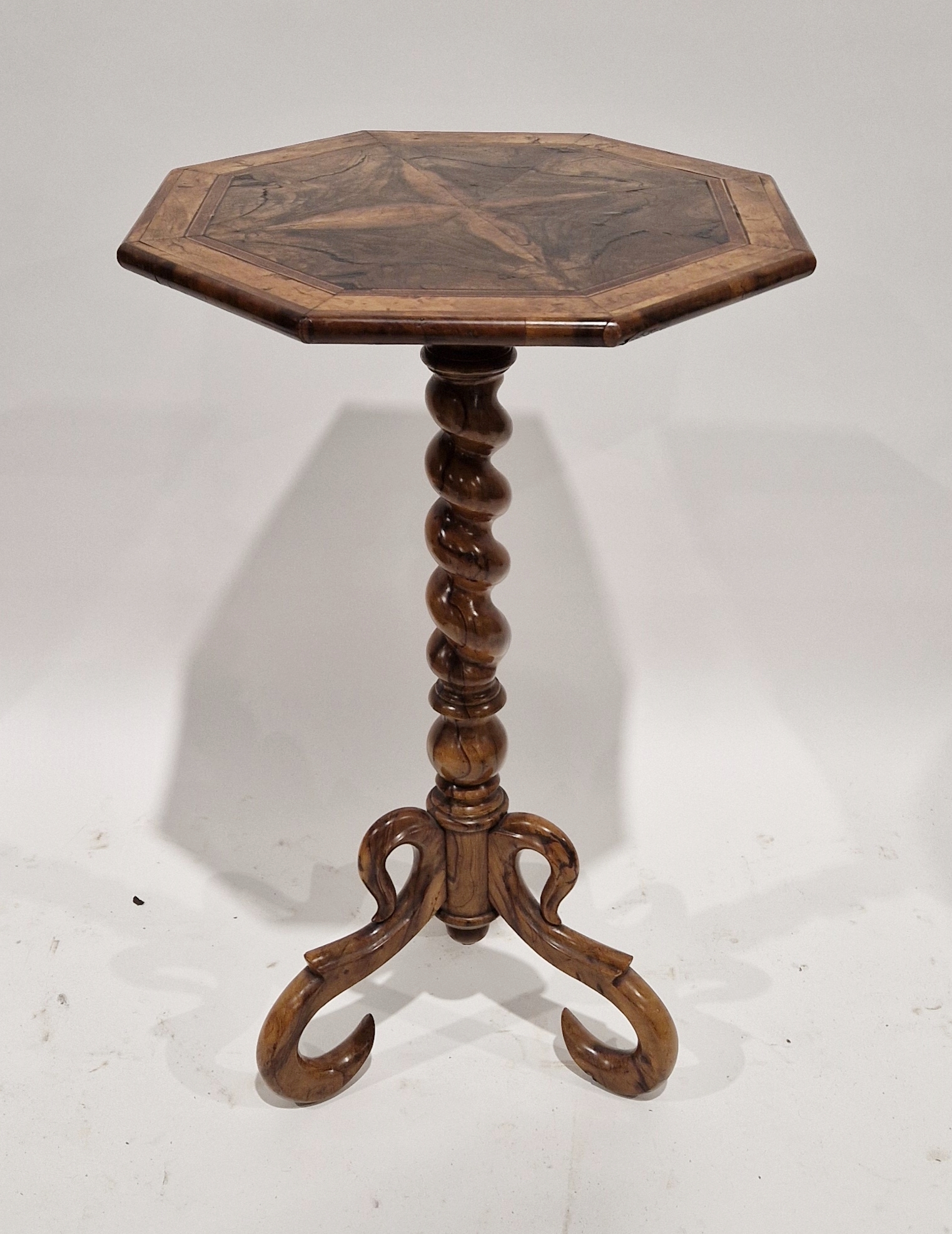 Possibly olivewood tripod occasional table with octagonal top, quarter veneered, mahogany cross- - Image 5 of 8