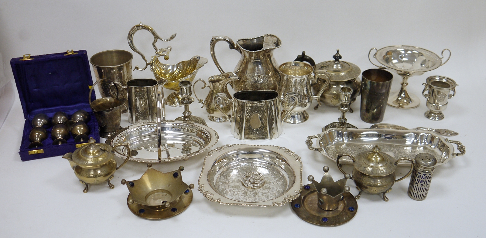 Collection of Edwardian and later silver plate including an engraved part tea service, pierced