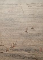 Three 20th century Chinese silk landscape paintings, one with sailing ships, another with ships in