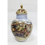 Contemporary bone china oviform vase with domed cover, painted by Wendy Ann White, printed scroll