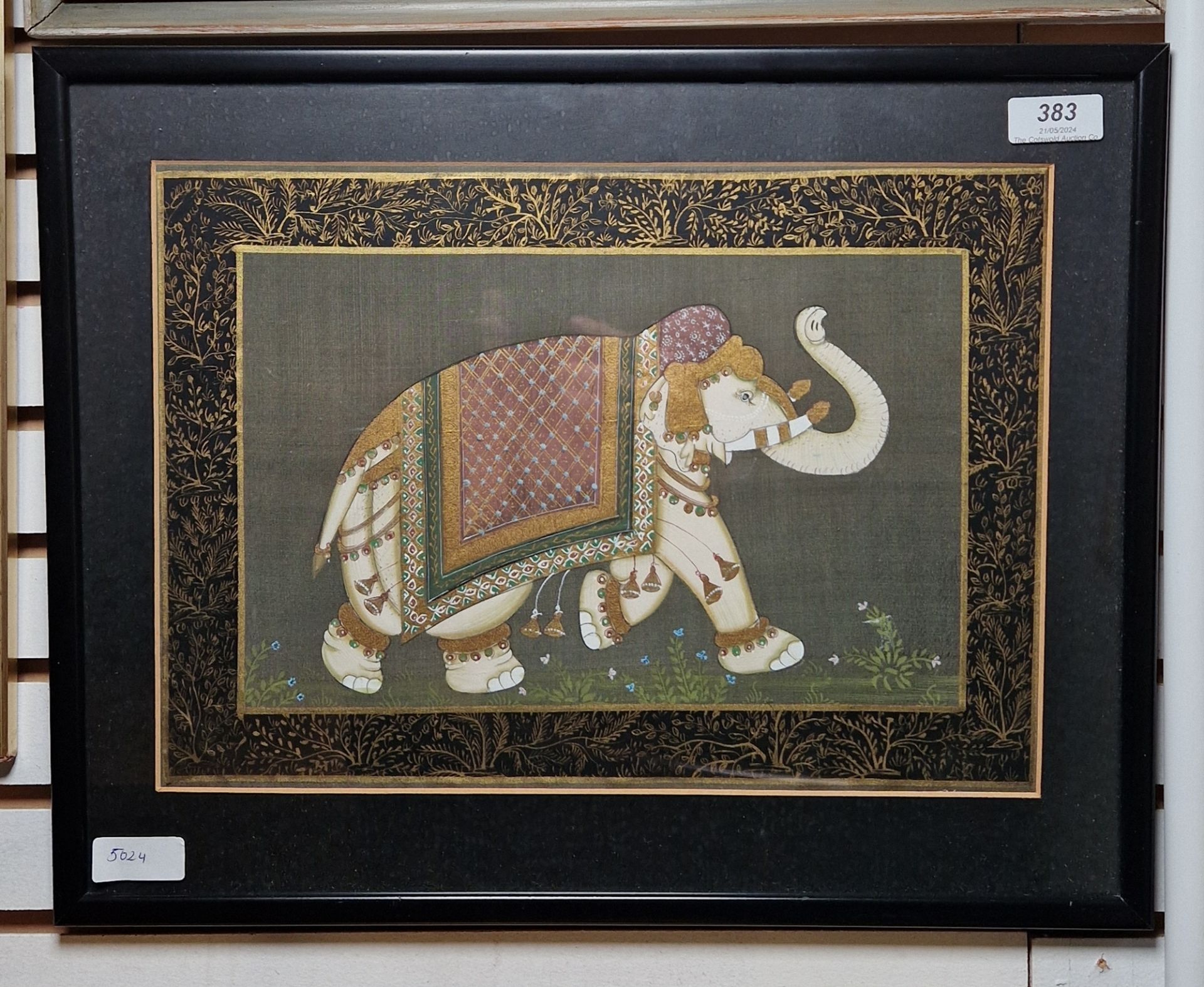 20th century Indian painting of a mughal style elephant on silk,  Gouache and gilding Within gilt - Image 2 of 2