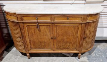 19th century French marble-topped walnut bowfronted sideboard having two short drawers over a two-