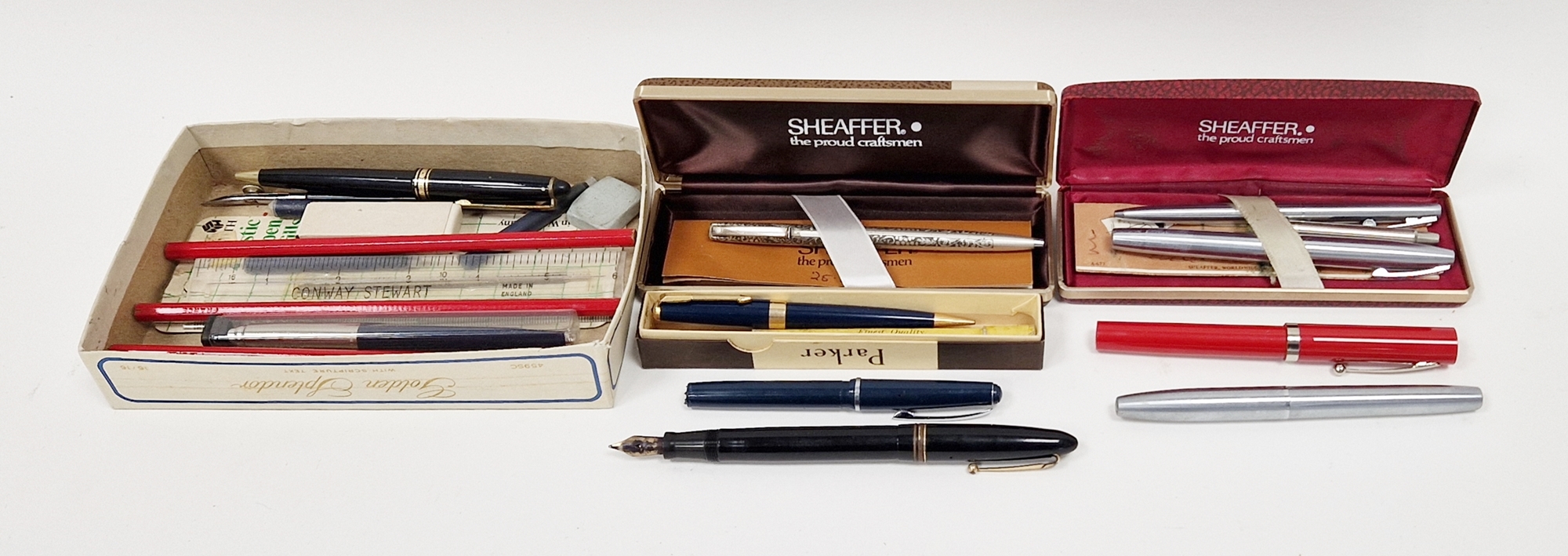 Collection of vintage fountain and ballpoint pens including a Swan fountain pen with 14ct gold