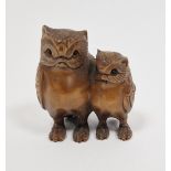 Japanese carved wood model inro of two owls pierced side by side, the larger with pierced