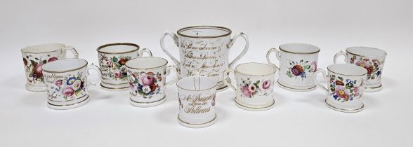 Collection of Staffordshire porcelain named mugs, some named and dated others inscribed with verses,