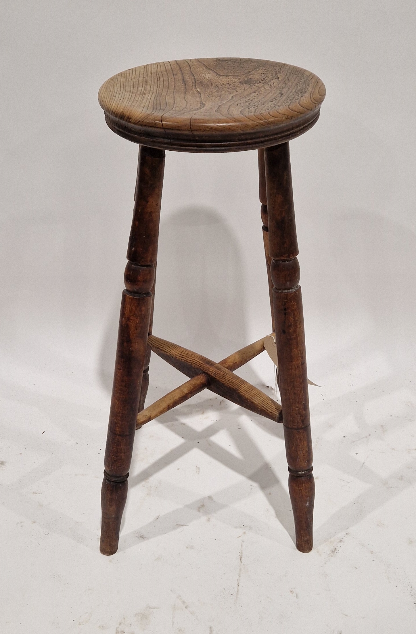 19th century turned hardwood stool with circular top, ball knopped uprights and saltire stretcher,